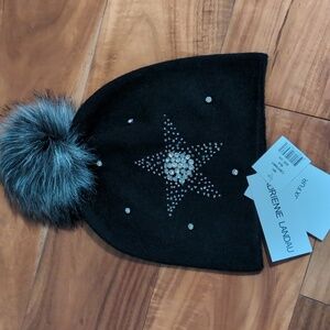 Adrienne Landau Embellished Star Faux Fur Black Pom Pop Beanie Nwt ❤️